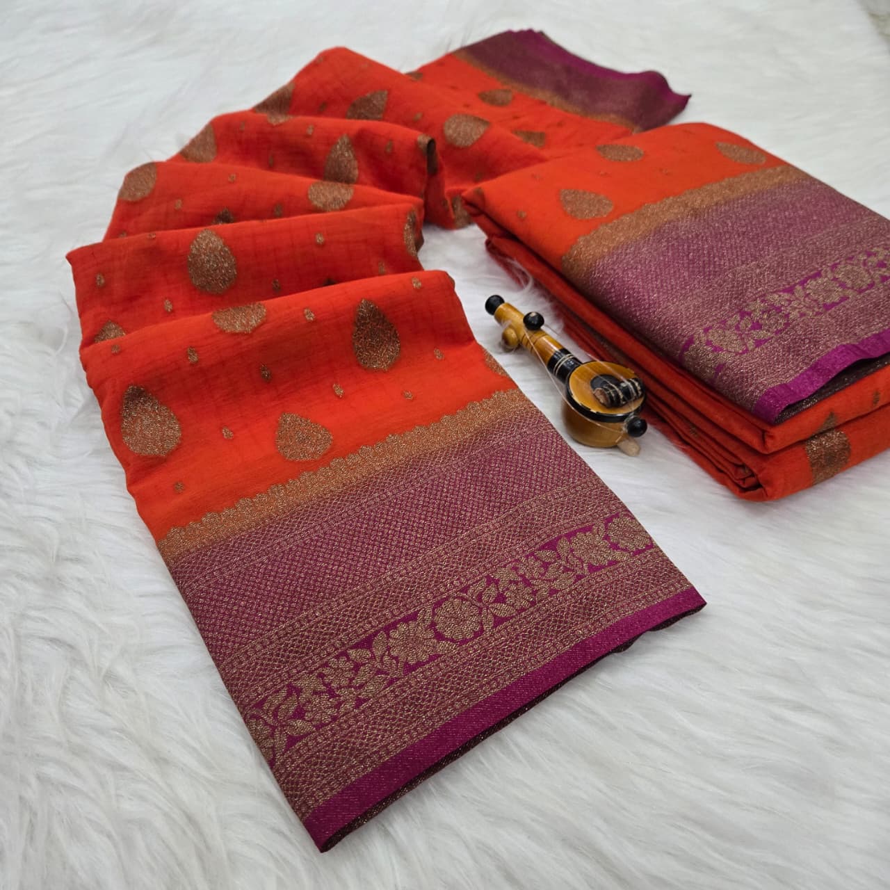 Premium Semi Mysore Crepe Silk Saree with Golden Zari Butta & Contrast Bentex Border